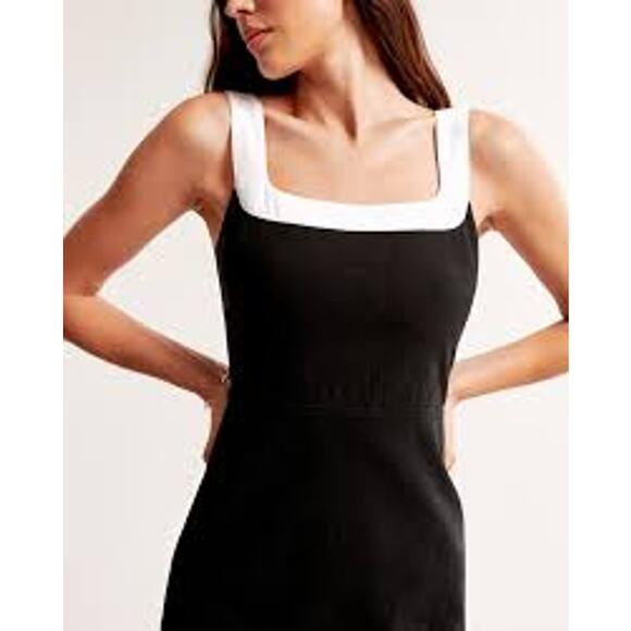 ABERCROMBIE & FITCH Linen Blend Squareneck Column Dress Black White Midi Small T - Picture 2 of 7